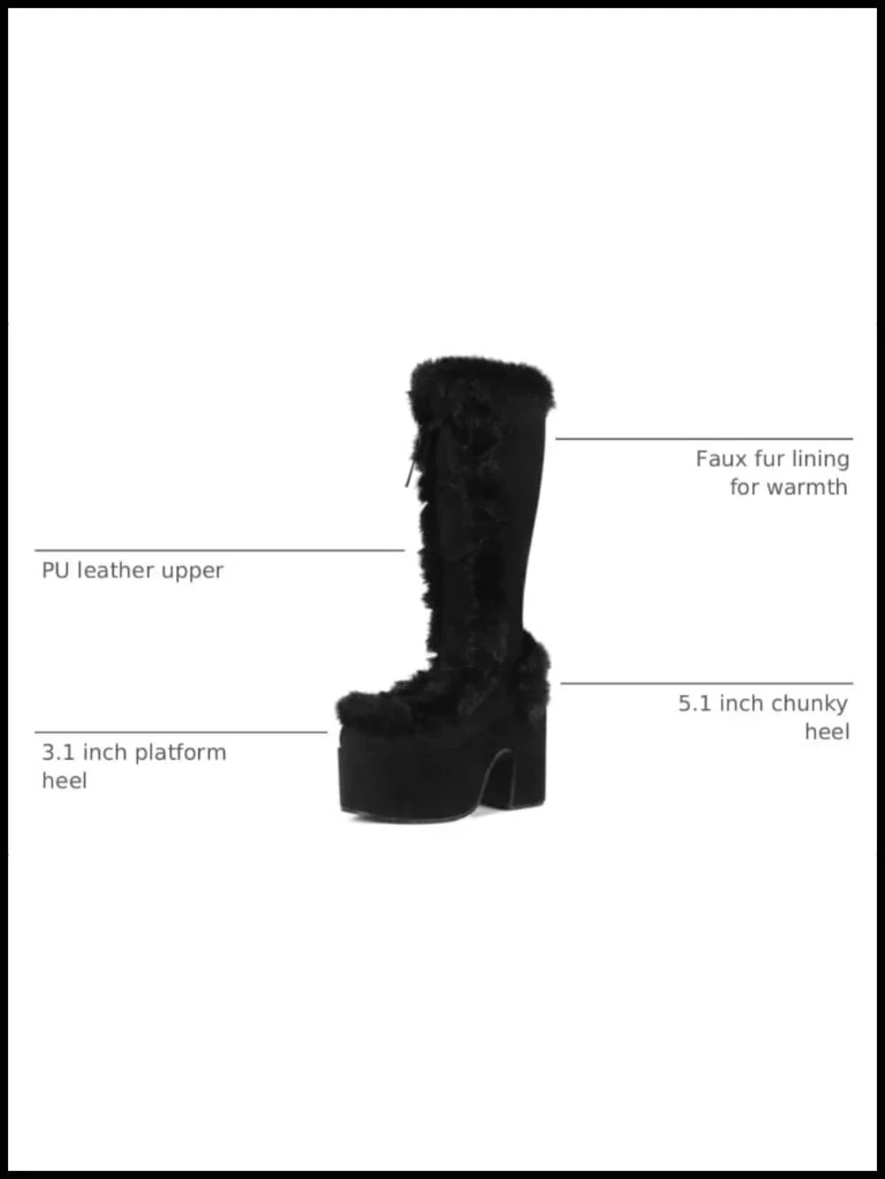 Furry Knee High Platform Chunky Heel Winter Snow Rave Goth Boots Faux Fur Lining